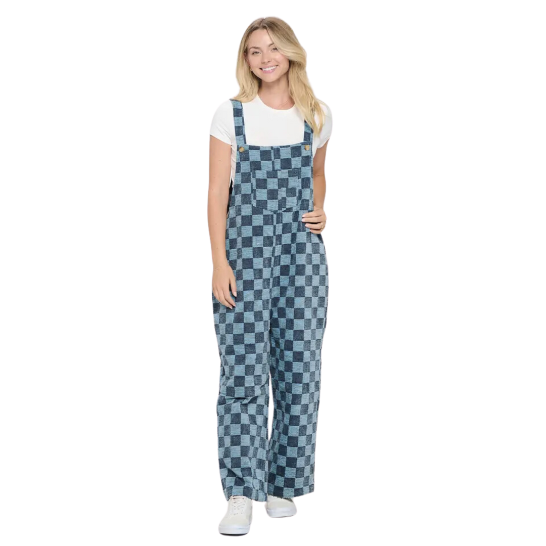 70's Style Checkered Flared Cotton Overall - NAVY