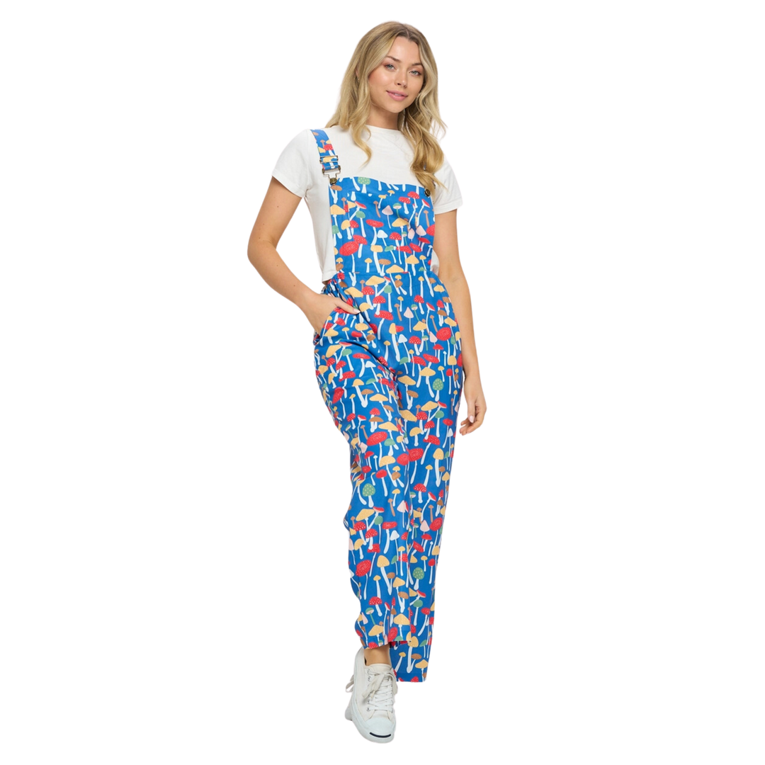 Blue Mushroom Print Overalls
