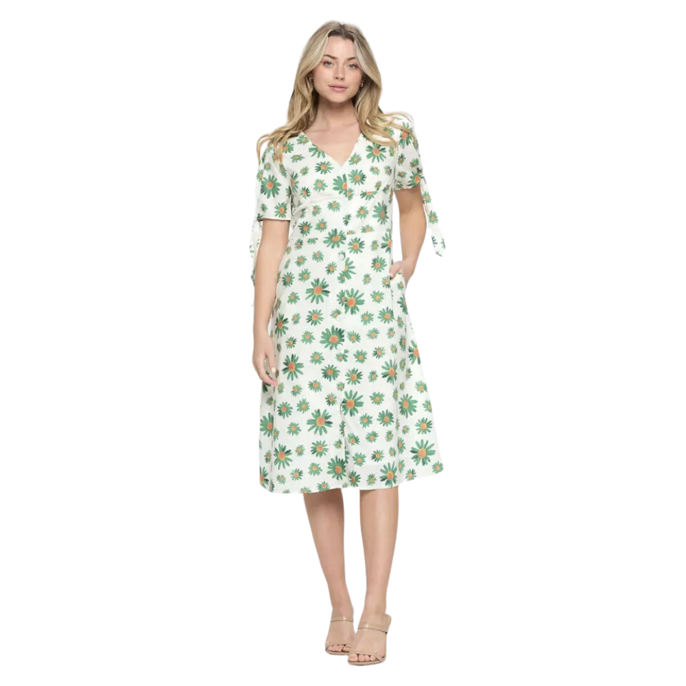 Sunflower Print V Neck Dress With Pockets