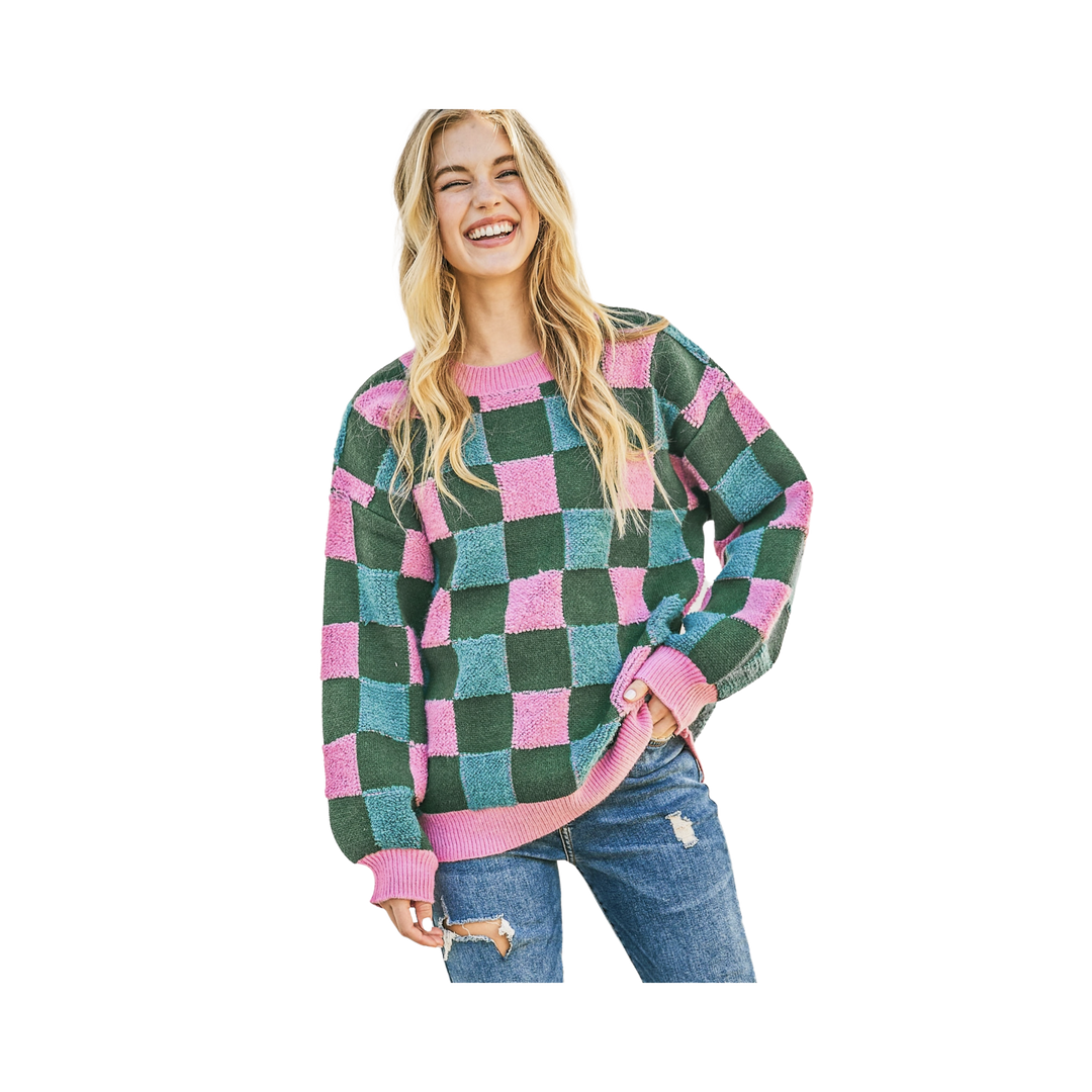 Multi Color Plaid Print Pullover Sweater Top