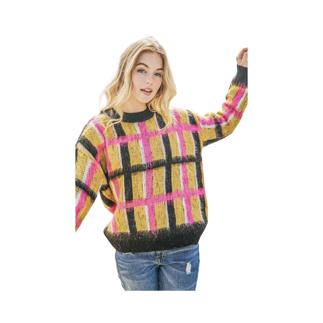 Multi Color Plaid Print Pullover Sweater