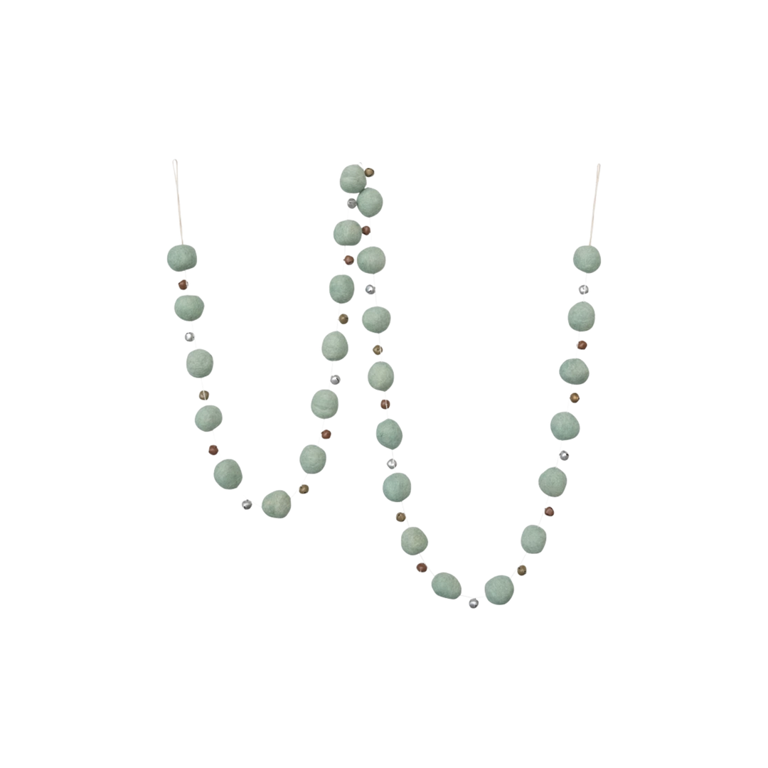 72"L Wool Felt Ball Garland with Jingle Bells, Mint Color