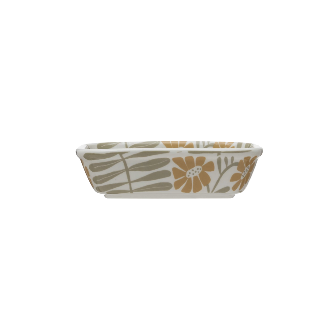Hand-Stamped Stoneware Soap Dish w/ Flowers