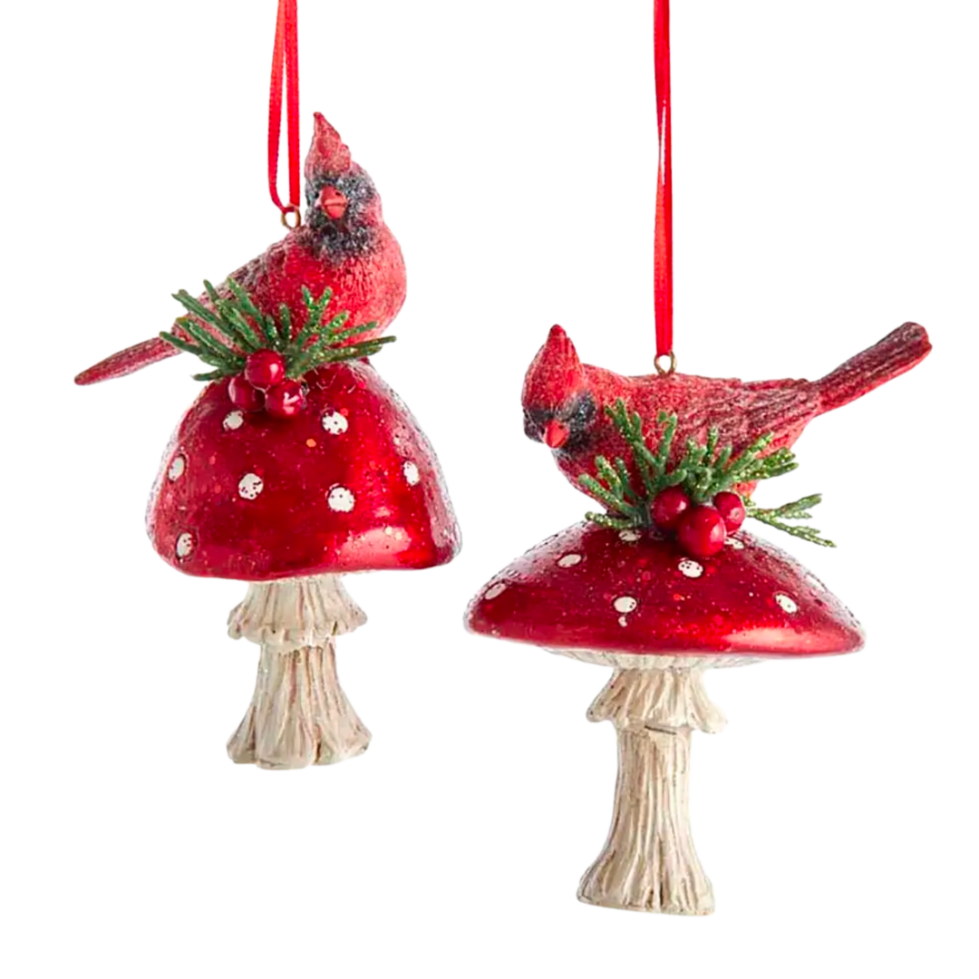 Resin Cardinal On Mushroom Ornament 4.5"