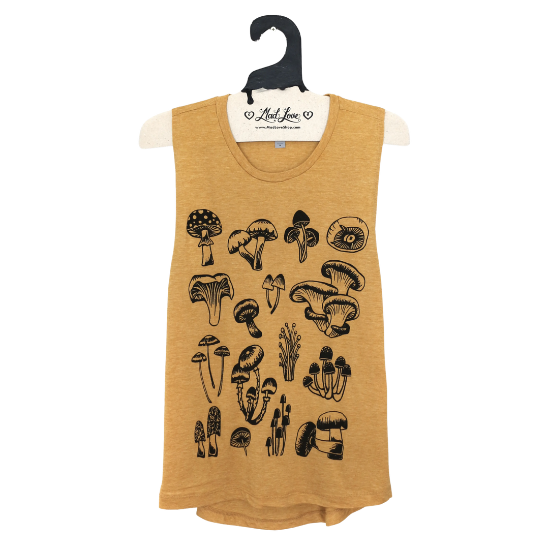 Tri Blend Yellow Gold Mustard Muscle Tank with Mushrooms
