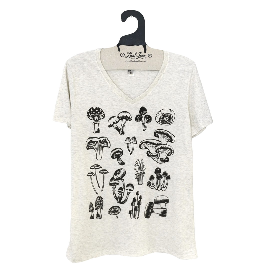 Heather Oatmeal V-Neck Tee with Mushrooms Print