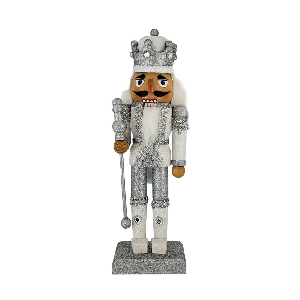 Silver and White Glitter King Nutcracker 10 inch