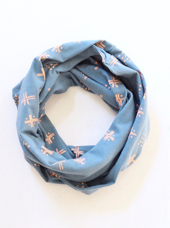 Organic Cotton Infinity Scarf - Indigo Peach Pattern