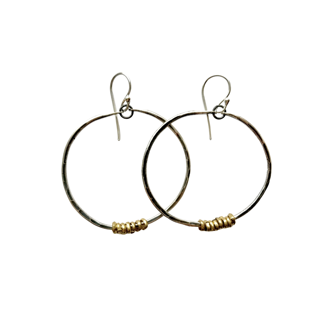 Silver Hoops with Brass Heishi Beads - Medium