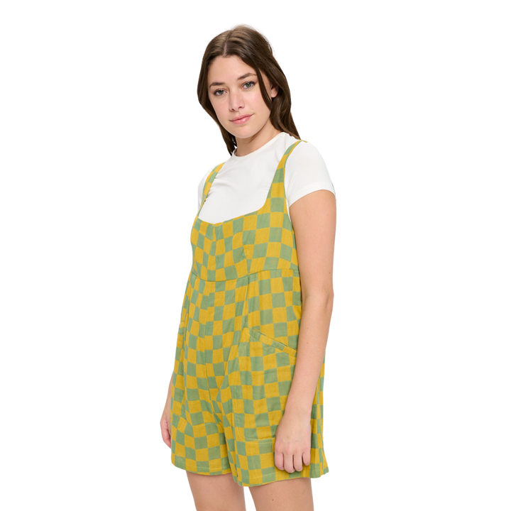 70's Style Checkered Flared Cotton Shortalls