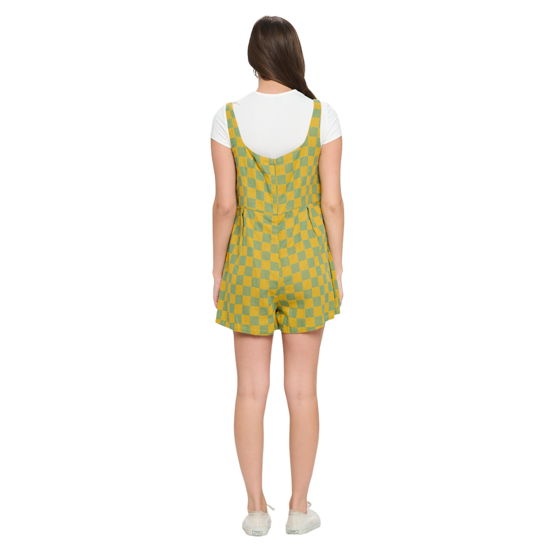 70's Style Checkered Flared Cotton Shortalls