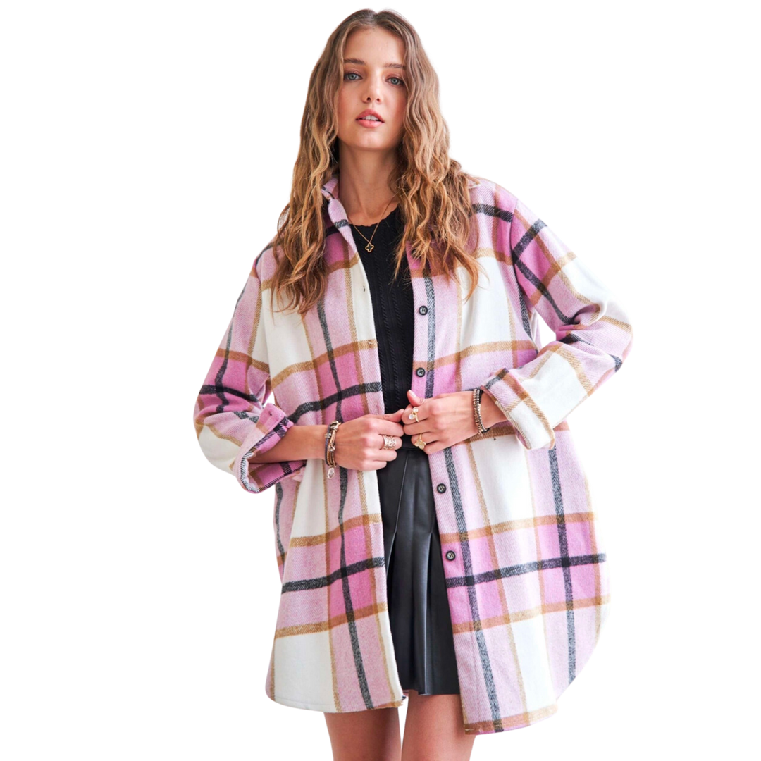 Plaid Button Down Shacket -Pink Check