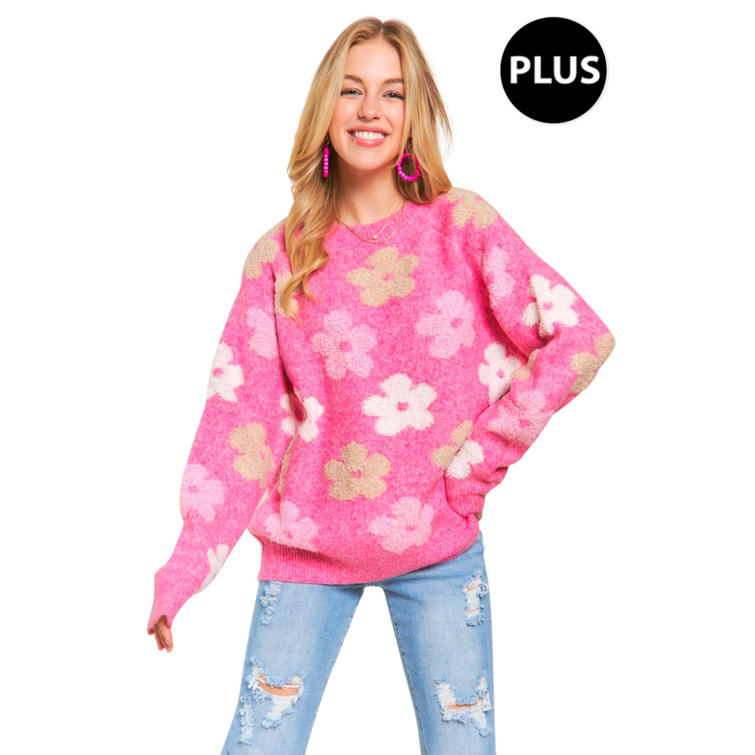 Plus Size Floral Popped 2Tone Sweater Top - Fuchsia
