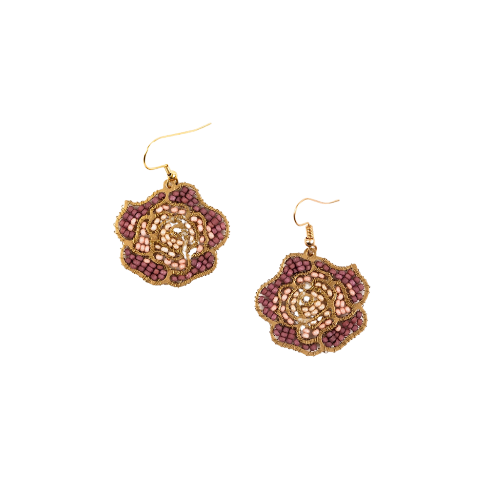 Mauve Beaded Rose Earrings