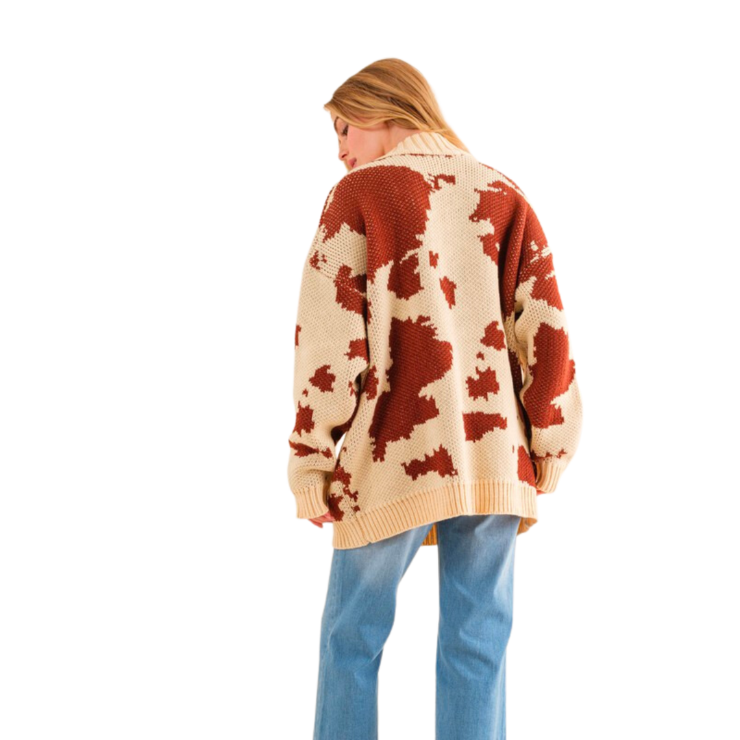 Cow Jacquard Cable Knit Sweater