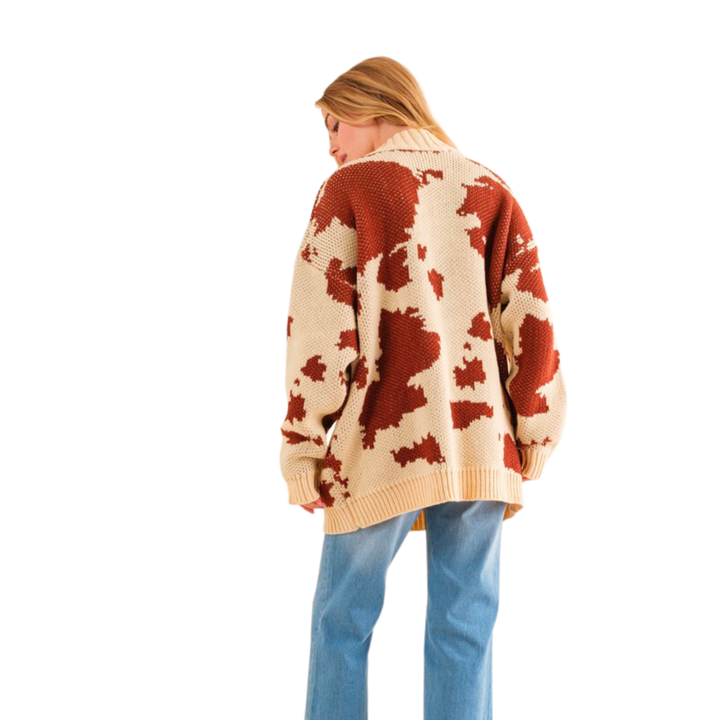 Cow Jacquard Cable Knit Sweater