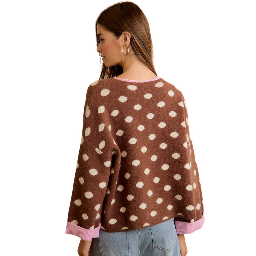 Contrast Neck and Roll up Detail Polka Dot Sweater