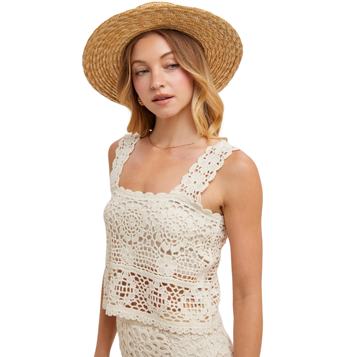 Sheer Crochet Sleeveless Sqaure Neck Top