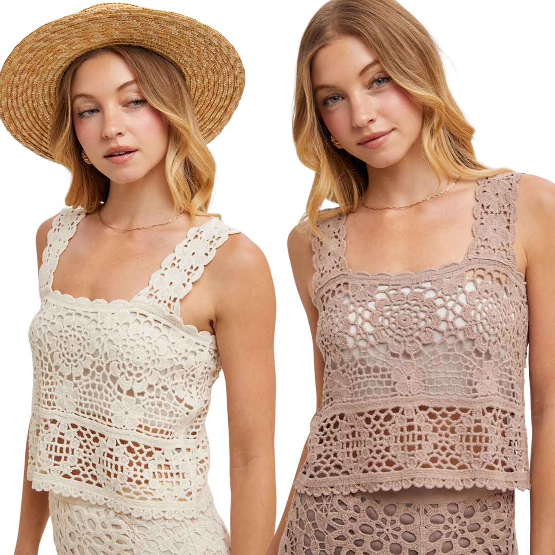 Sheer Crochet Sleeveless Sqaure Neck Top