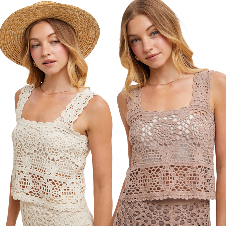 Sheer Crochet Sleeveless Sqaure Neck Top