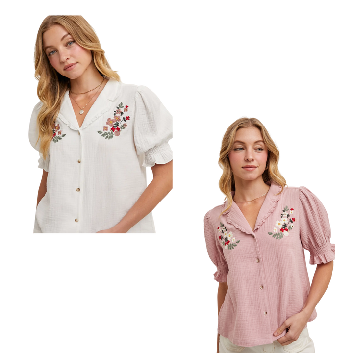 Button Down Embroidered Puff Sleeve Blouse Top