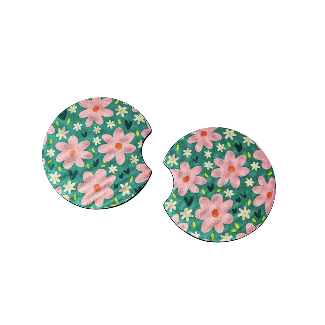 2 Car Coasters, Green Floral Pattern