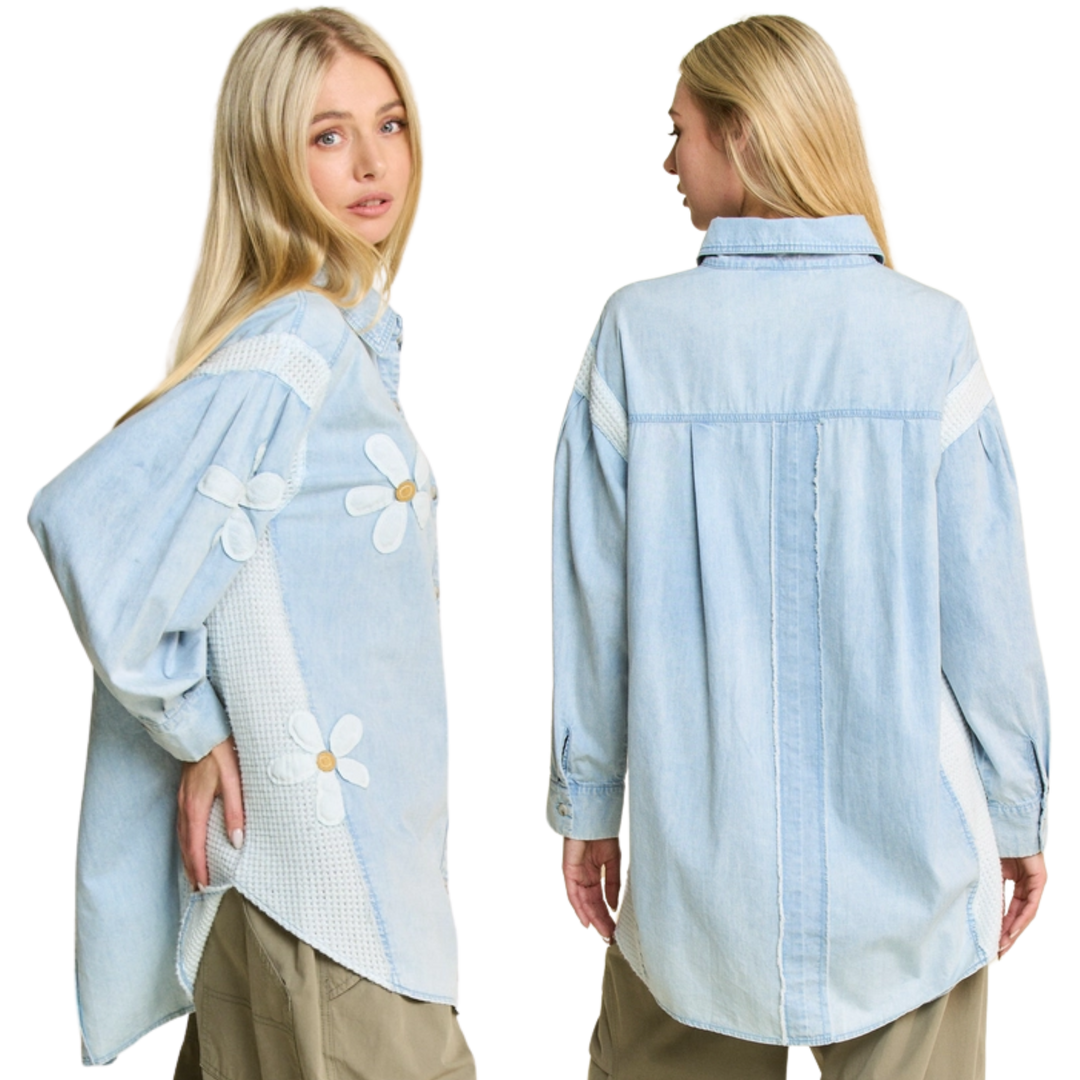 Lightweight Washed Daisy Patch Waffle Knit Shirt