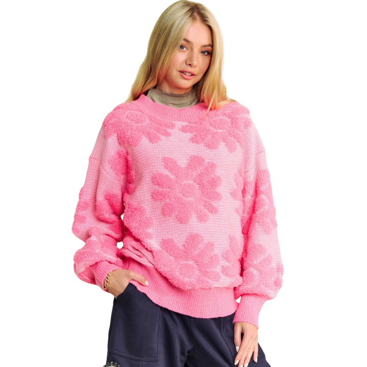 Plus Textured Floral Crew Neck Pullover Sweater