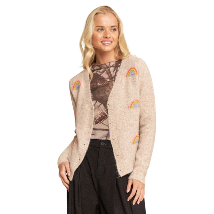 V-Neck Rainbow Crochet Patches Front Cardigan