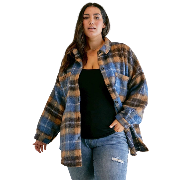 Plus Plaid Button Down Shirt with Front Pocket