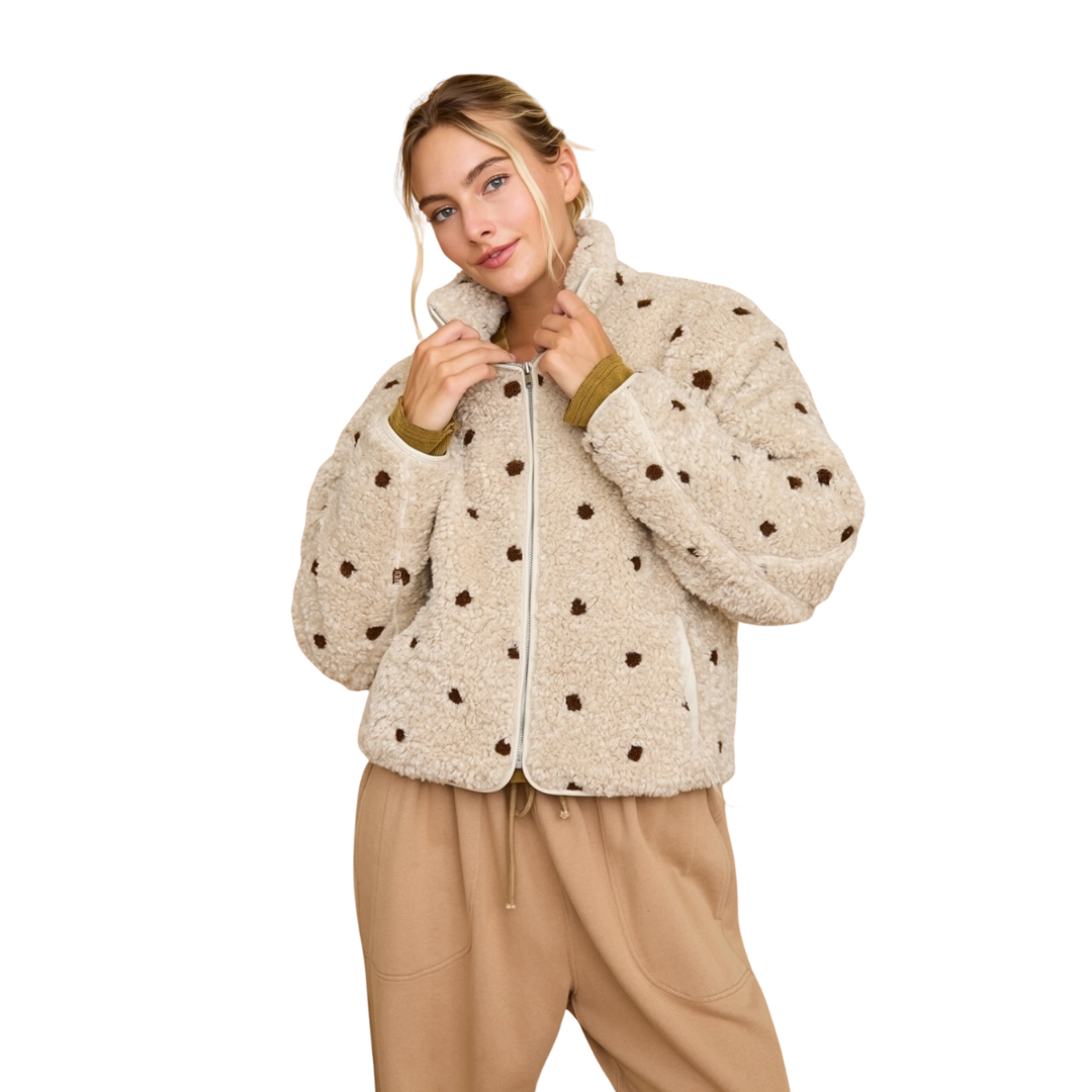 Polka Dot Sherpa Fleece Zip Front Jacket