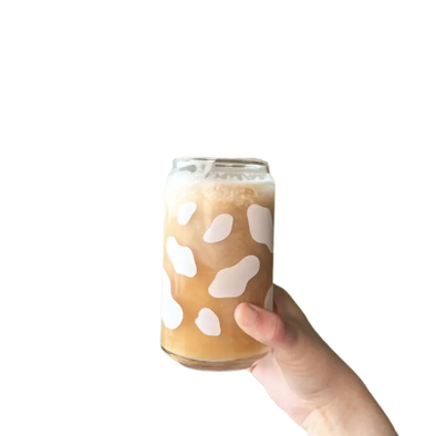 White Cow Print 16 oz Can Glass Cup-Dishwasher Safe