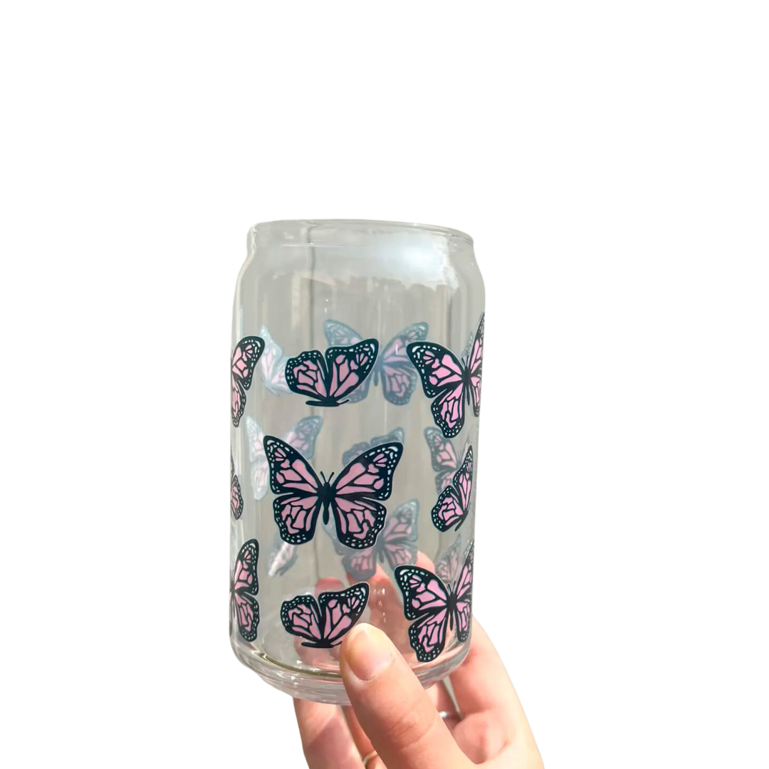 Pink Butterfly 16 oz Can Glass Cup