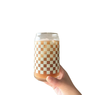 Sage Green Checker Print 16 oz Can Glass Cup-Dishwasher Safe