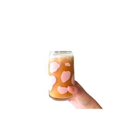 Pink Cow Print 16 oz Can Glass Cup-Dishwasher Safe