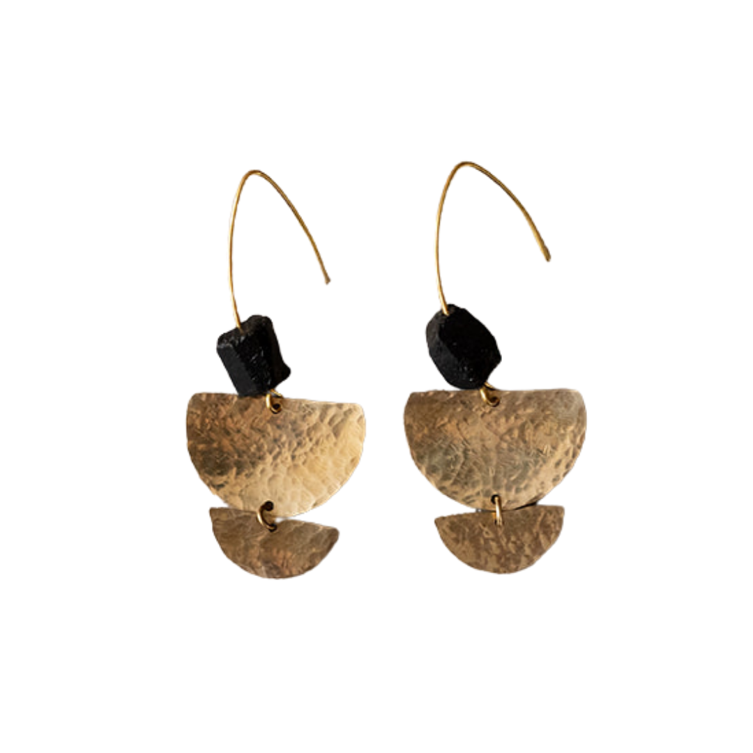 Nomad Hammered Brass and Black Gemstone Earrings