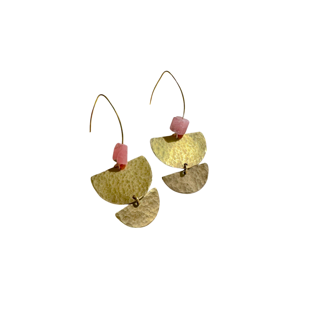 Nomad- Hammered Brass and Dark Pink Gemstone Earrings
