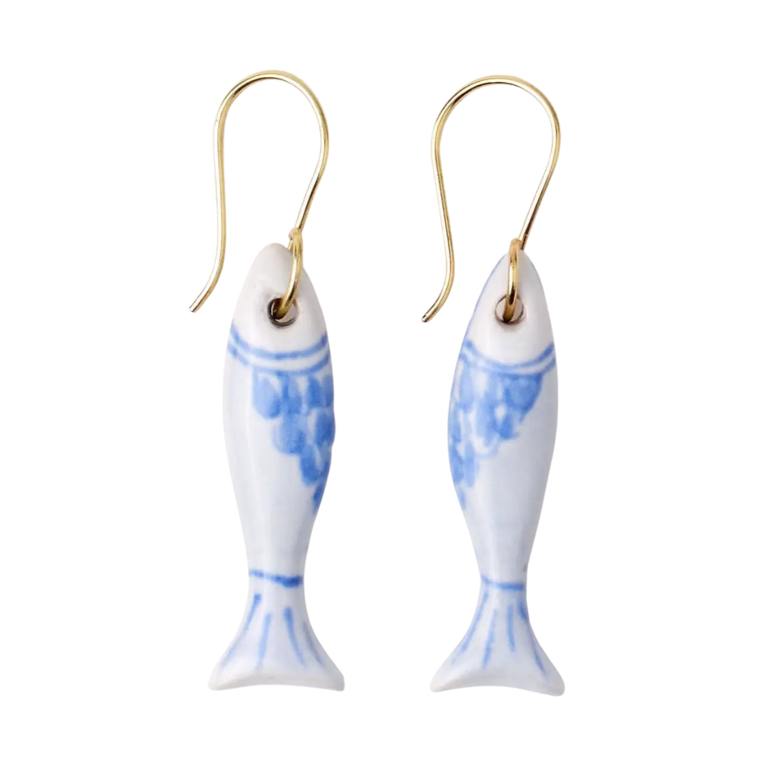 Danielle Fish Ceramic Earrings Blue + White
