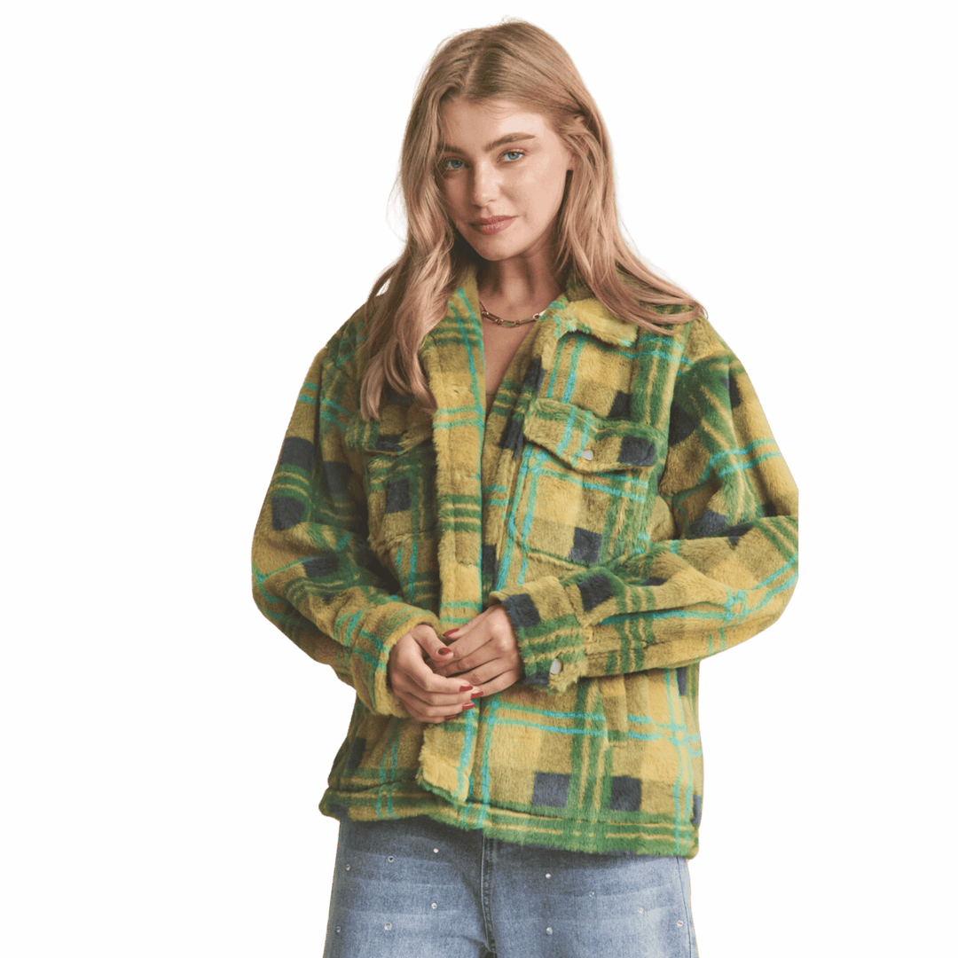 Fuzzy Plaid Button Up Jacket