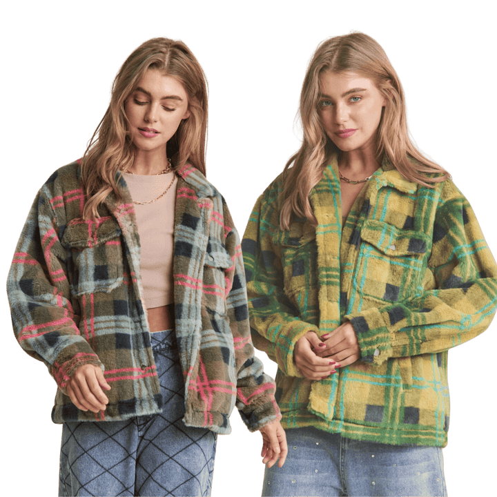 Fuzzy Plaid Button Up Jacket