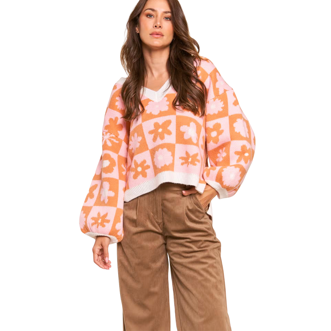 Knit Checkered Floral Sweater - Pink Orange Blossom