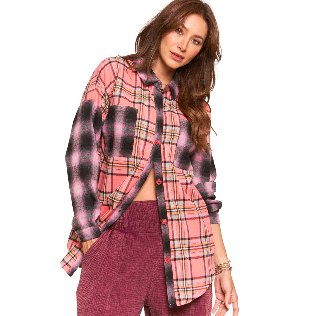 Multicolor Plaid Flannel Top - Coral Pink