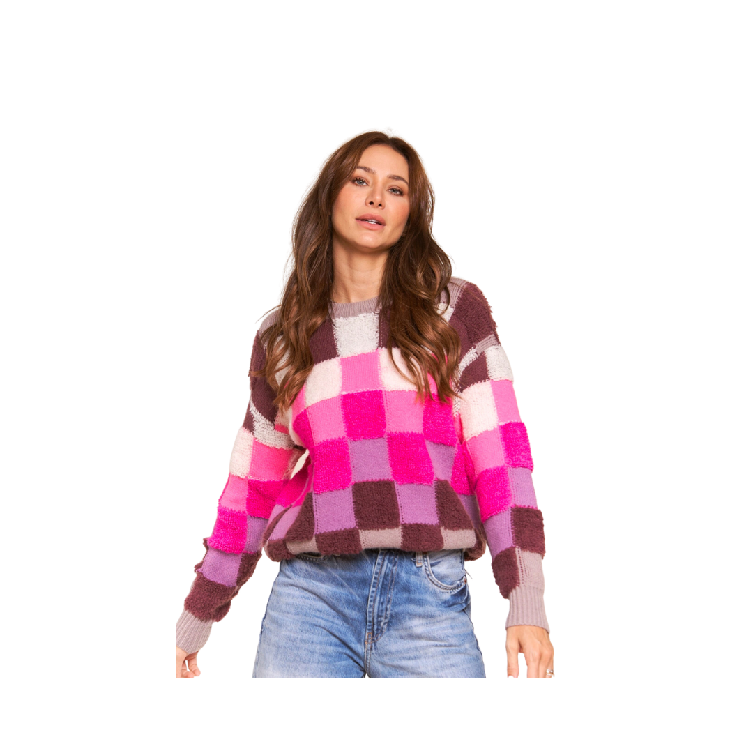 Multicolor Checkered Knit Sweater - Pink Multi