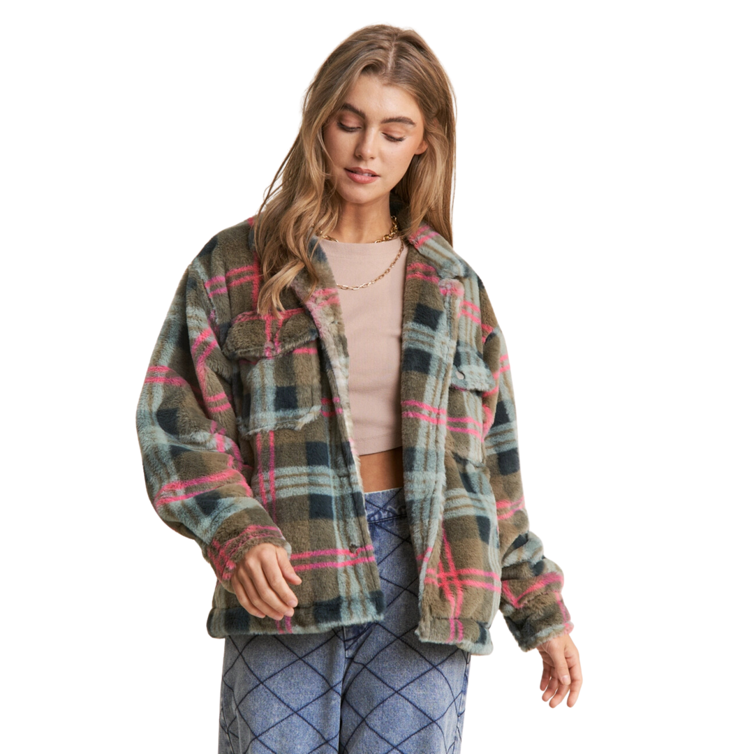 Fuzzy Plaid Button Up Jacket