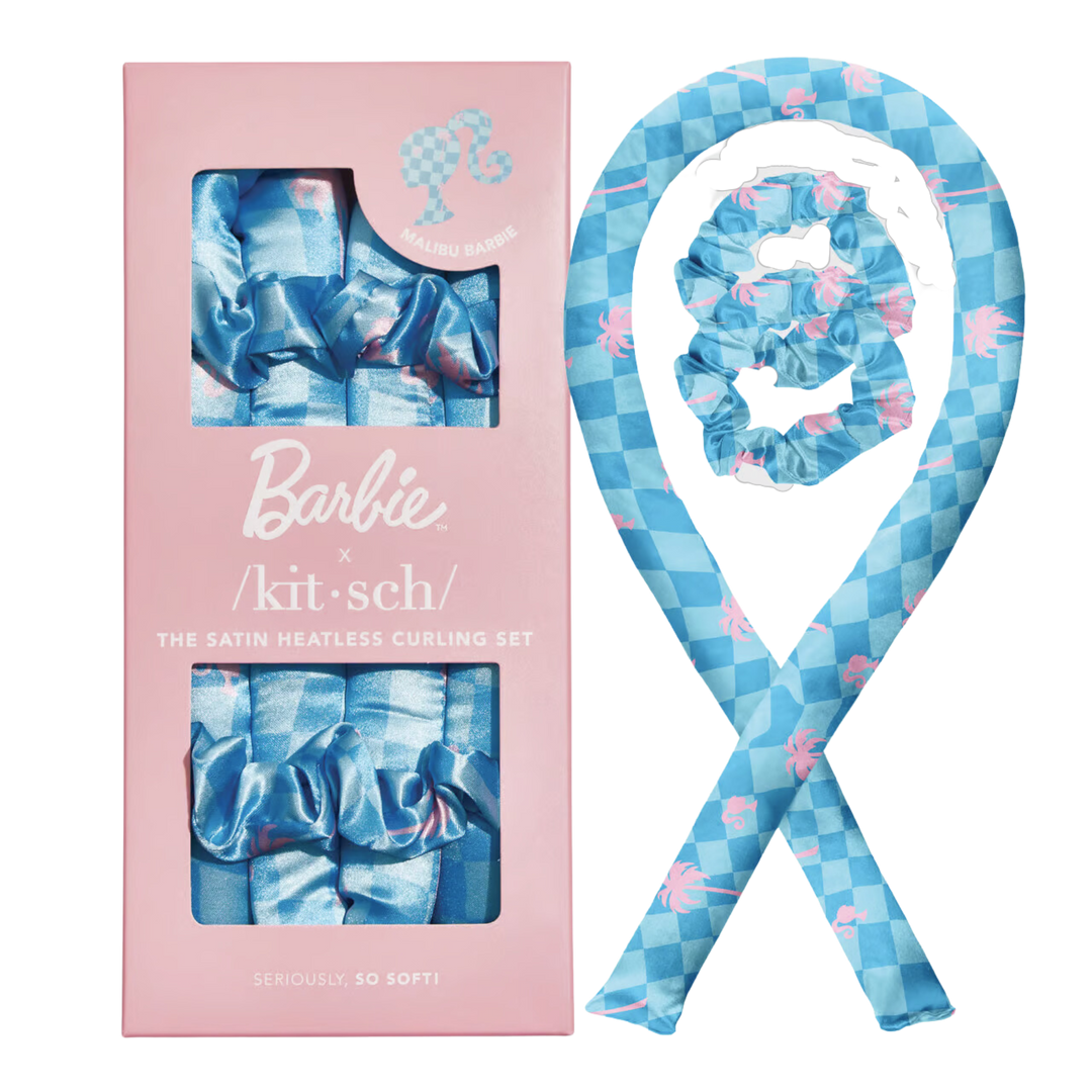 Blue checkered with pink palm trees. -Make waves (& curls) without the heat damage with this limited-edition print inspired by California barbie vibes  -The original and best heatless curling set, made from 100% satin  -Keeps your hair frizz-free & prevents breakage  -Easy to use; can be worn day or night  -Set includes a satin curling rod & two scrunchies that gently secure your hair