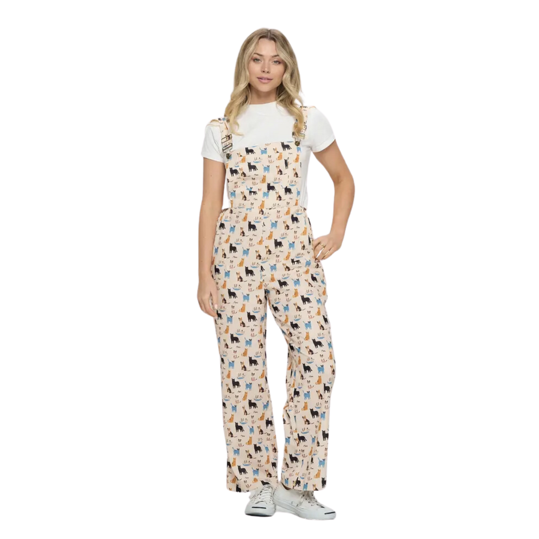 Meow Cat Print Overalls with Pockets