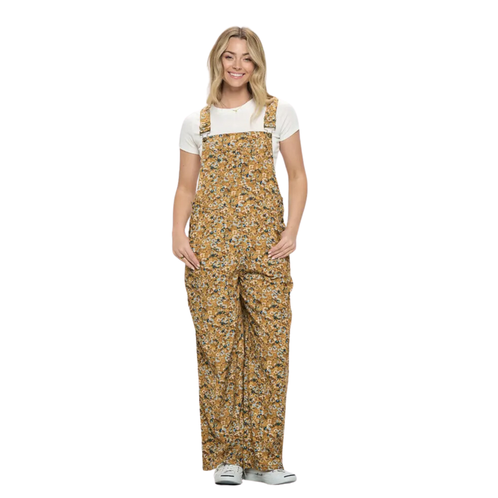 Mustard Floral Abstract Corduroy Overalls with Pockets