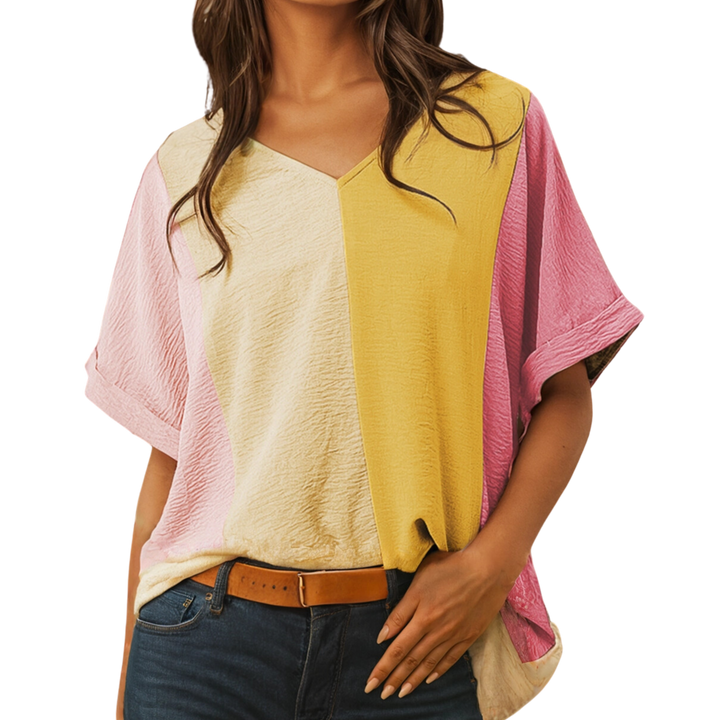 Colorblock Patchwork Crinkle Blouse