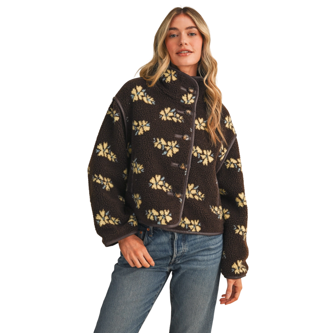 Floral Faux Sherpa Jacket with Piping