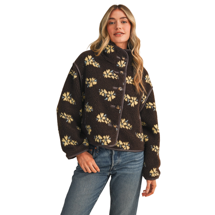 Floral Faux Sherpa Jacket with Piping